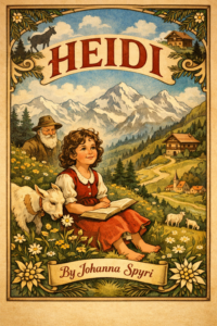 Heidi na planinskoj livadi okružena cvijećem i Alpama, ilustrirana naslovnica u retro stilu