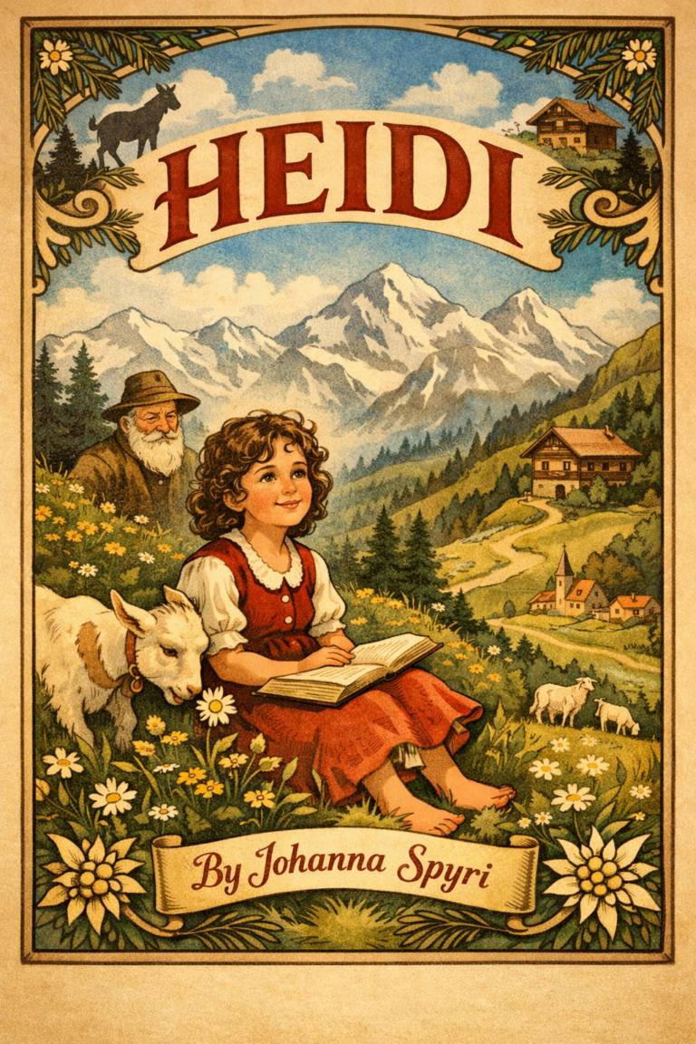 Heidi na planinskoj livadi okružena cvijećem i Alpama, ilustrirana naslovnica u retro stilu